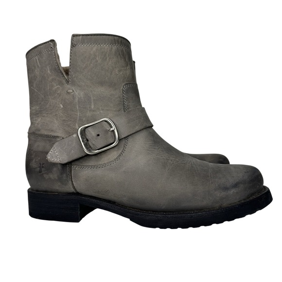 FRYE Veronica Leather Shearling Boots Womens Size 8 Gray Biker‎ Moto Buckle
